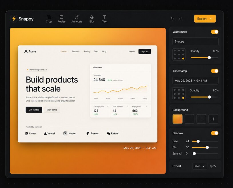 The Snappy editor: a screenshot on an amber backdrop with watermark and timestamp controls